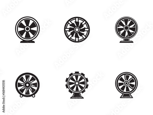 Six black and white electric fan vector icons for cooling airflow and ventilation options with different designs and styles