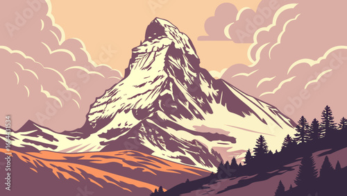 Mountain landscape vector illustration peak snow alps scenic nature outdoor adventure travel tourism artwork 100