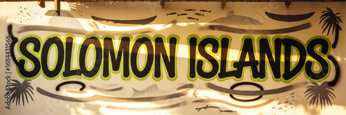 Vibrant Solomon Islands Graffiti Art Mural with Tropical Palms, Sea Life Silhouettes, and Bold Lettering in Sunlight