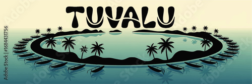 Tuvalu Atoll Silhouette with Palm Trees and Canoes – Tropical Island Lagoon Landscape Vector Illustration for Travel and Tourism