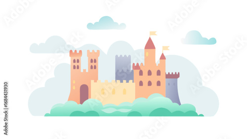 Fantasy castle illustration vector art for kids fairytale kingdom with towers and flags design concept