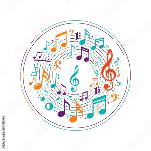 Harmonic circles of melodic notes in a vibrant musical arrangement radiating from the center