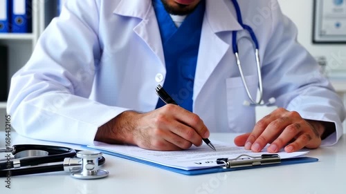 Doctor's hands fill out medical forms