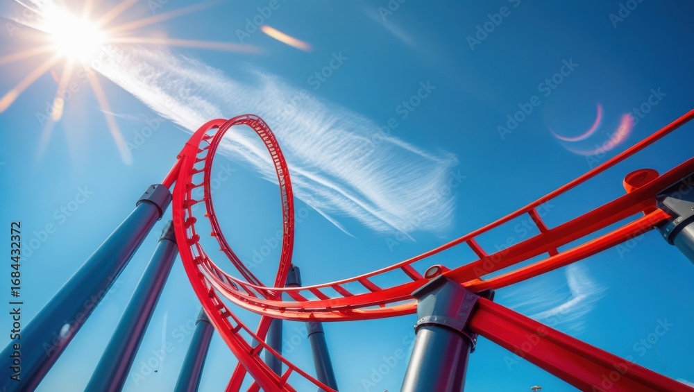 A vibrant red roller coaster track against a bright blue sky with wispy clouds, showcasing a captivating perspective. A vibrant red roller coaster track against a bright blue sky with wispy clouds, showcasing a captivating perspective.