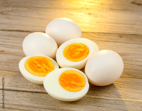 Boiled eggs on a wooden surface