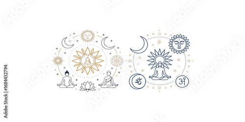 Print   Minimalist line art vector of yoga and meditation icons with celestial sun and moon symbols