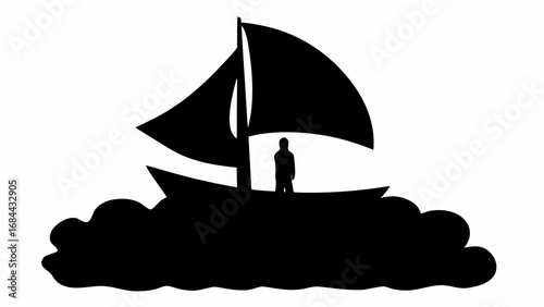 Silhouette of a sailboat with two sails and a person standing on the deck in black and white design art