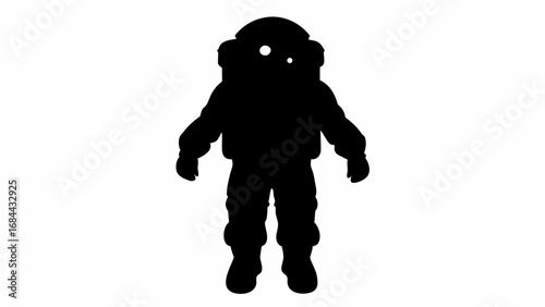 Silhouette of a person in a spacesuit with helmet and visible eyes standing in a frontal position