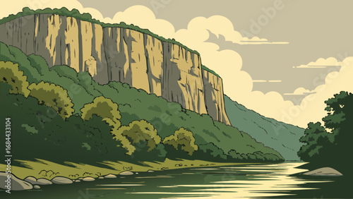 Scenic river landscape with rock cliffs and lush green trees vector illustration background art style