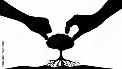 Silhouette of two hands tending to a small tree with visible roots on a white background in monochrome