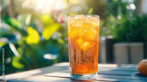 A fizzy orange soda in a tall glass modern patio setting