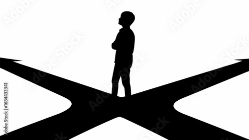 A silhouette of a person standing at a crossroads with arrows pointing in different directions in black and white