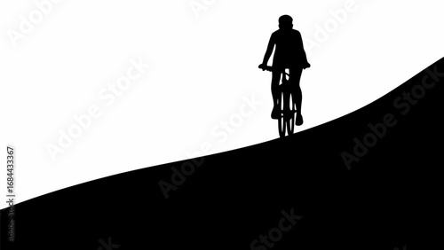 Silhouette of a person riding a bicycle uphill against a contrasting black and white background design