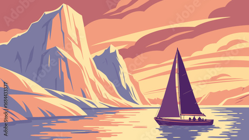 Sailboat sailing adventure with mountain views and sunset landscape vector illustration background image