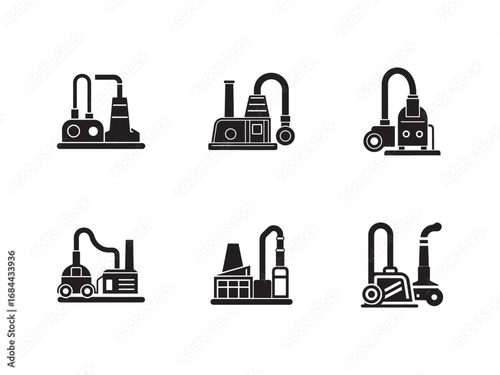 Obraz premium Vector Illustration of Vacuum Cleaners and Factories in Black and White Minimalist Design for Cleaning and Industrial Concepts