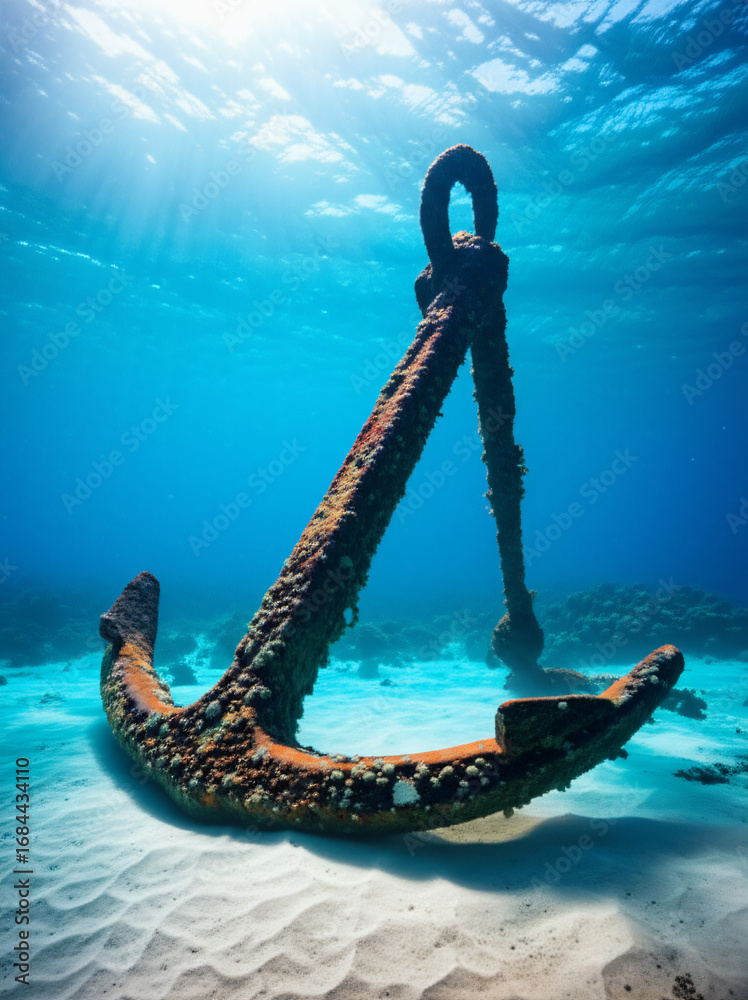Fototapeta premium Rusty anchor, encrusted with marine life, resting on a sandy ocean floor.