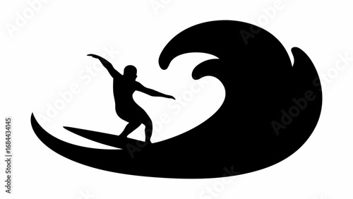 Silhouette of a surfer riding a wave on a surfboard with arms outstretched against a white background scene