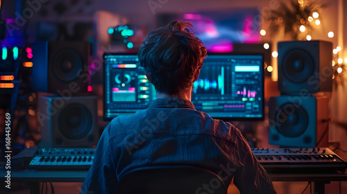 音楽制作・編集をする男性の後ろ姿