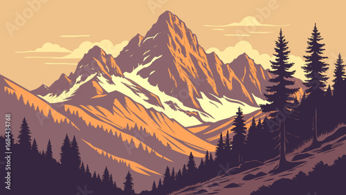 Beautiful mountain landscape vector illustration with snow peaks and pine trees perfect for backgrounds