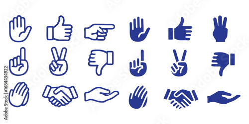 Gestures set icon. Raised fingers, open hands, thumbs, waves, index points, palm displays, and communication hand signs in minimal outline showing pack of different hands gestures and signs set. EPS10