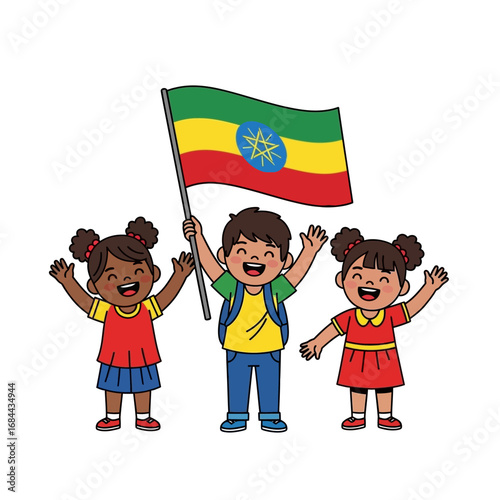 Cheerful children celebrating with the flag of ethiopia displaying patriotism and unity in
