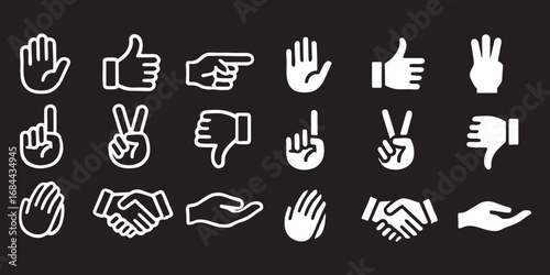 Gestures set icon. Raised fingers, open hands, thumbs, waves, index points, palm displays, and communication hand signs in minimal outline showing pack of different hands gestures and signs set. EPS10
