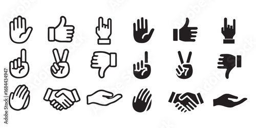Gestures set icon. Raised fingers, open hands, thumbs, waves, index points, palm displays, and communication hand signs in minimal outline showing pack of different hands gestures and signs set. EPS10