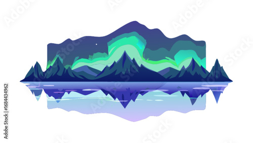 Aurora borealis landscape vector illustration of northern lights over mountains and lake reflection scene art
