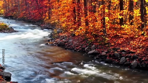 Serene autumn stream flows through vibrant foliage