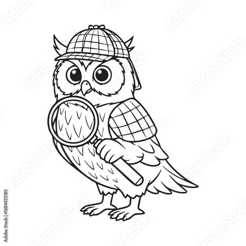 Vector art of an owl detective with a magnifying glass, wearing a checkered hat,ready to solve mysteries with its sharp eyes and wit