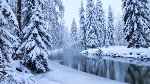 Snow-covered pines border a calm river