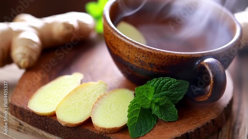 Steaming ginger tea in a rustic mug, accompanied by fresh ginger slices and mint leaves on a wooden board