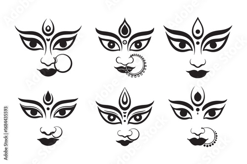Maa Durga Face silhouette vector illustration, Set of Maa Durga Face silhouette vector