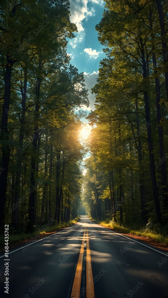 Fototapeta premium Sunlight Breaking Through Tall Forest Trees Along a Quiet Country Road