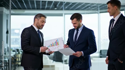 Three businessmen review financial data in a modern office