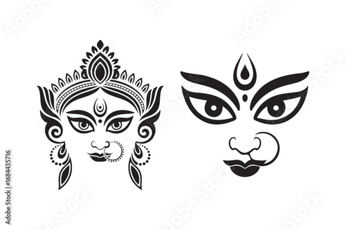 Maa Durga Face silhouette vector illustration, Set of Maa Durga Face silhouette vector