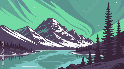 Aurora borealis over mountain range and lake landscape vector illustration scenic northern lights background