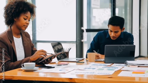 Two colleagues collaborate on a project, reviewing data and documents at a table in a modern office setting