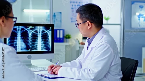 Two doctors review a chest X-ray on a computer screen, one taking notes