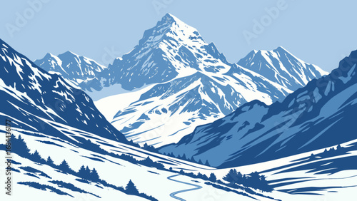 Beautiful winter mountain landscape with snow capped peaks and winding path scenic view illustration