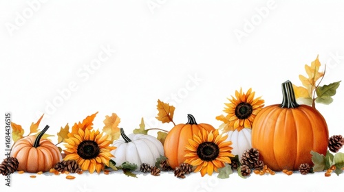 Thanksgiving-themed watercolor art with pumpkins, sunflowers, and rustic foliage