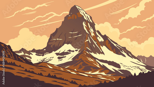 Mountain landscape scenic view of snowy peak with clouds and sky in retro style vector illustration