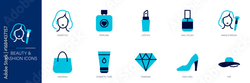 Beauty and Fashion Blue Colored Outline Icon Set