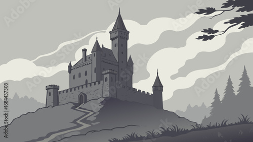 Medieval castle illustration vector art drawing of a fantasy landscape with tower and stronghold design