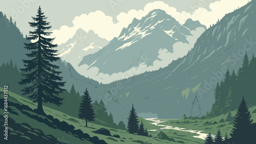 Scenic mountain landscape illustration with pine trees and river for nature lovers and outdoor enthusiasts