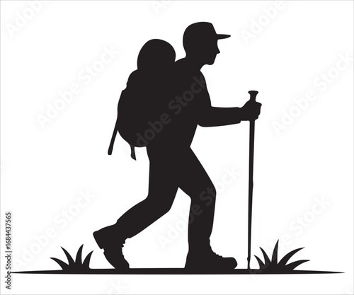 Vector silhouette of hiker with backpack and trekking stick