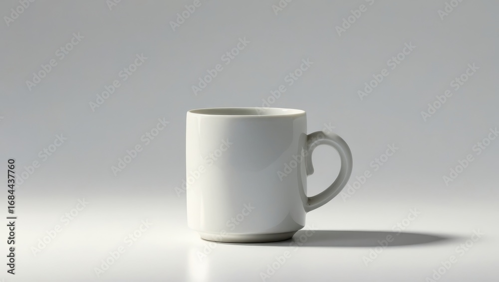Fototapeta premium A simple white ceramic mug with a heart-shaped handle stands on a plain white surface, casting a subtle shadow.