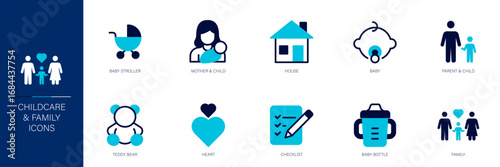 Childcare and Family Blue Colored Outline Icon Set