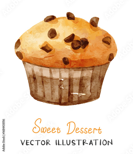 Chocolate chips muffin in watercolor painting. Vector food illustration.