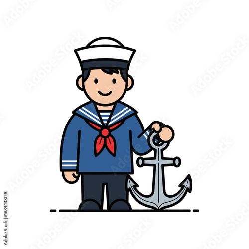 Cartoon depiction of a cheerful sailor boy holding a stylized anchor illustration
